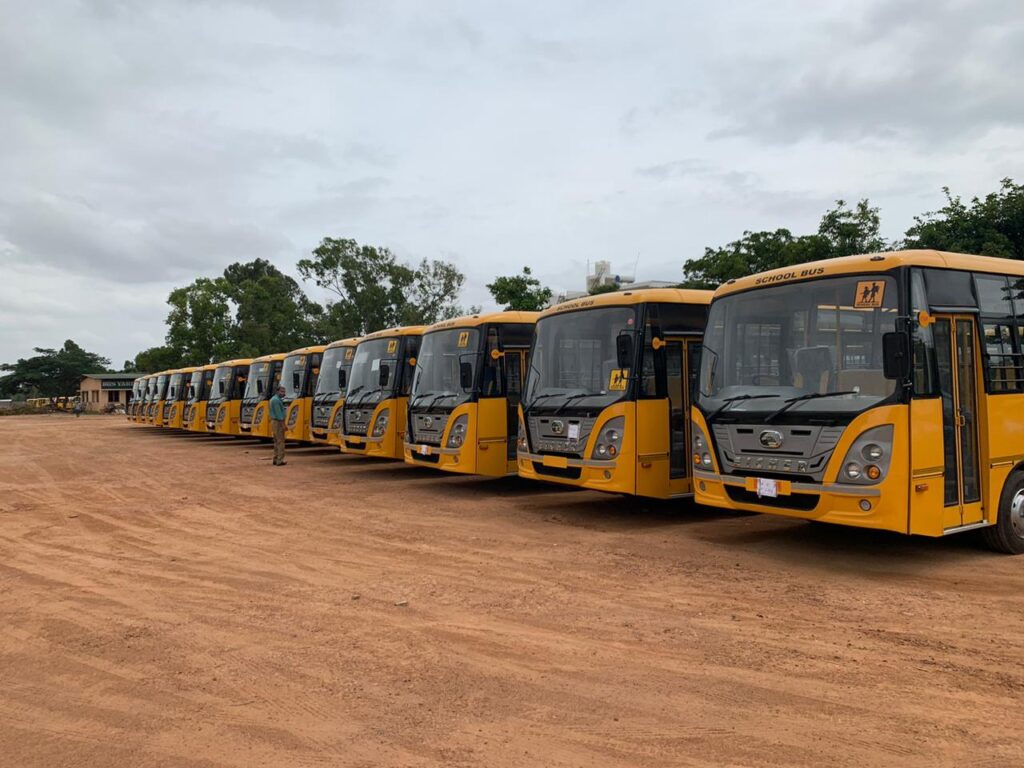 The future of school transportation.  Parked buses